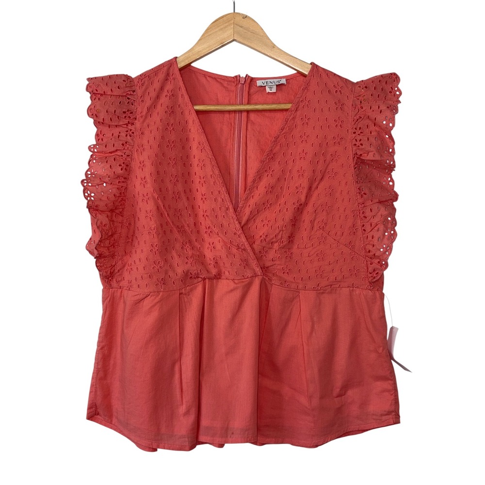 Venus Eyelet Ruffle Top Women NWT Coral Boho Peplum Blouse 16 Pink Sleeveless
